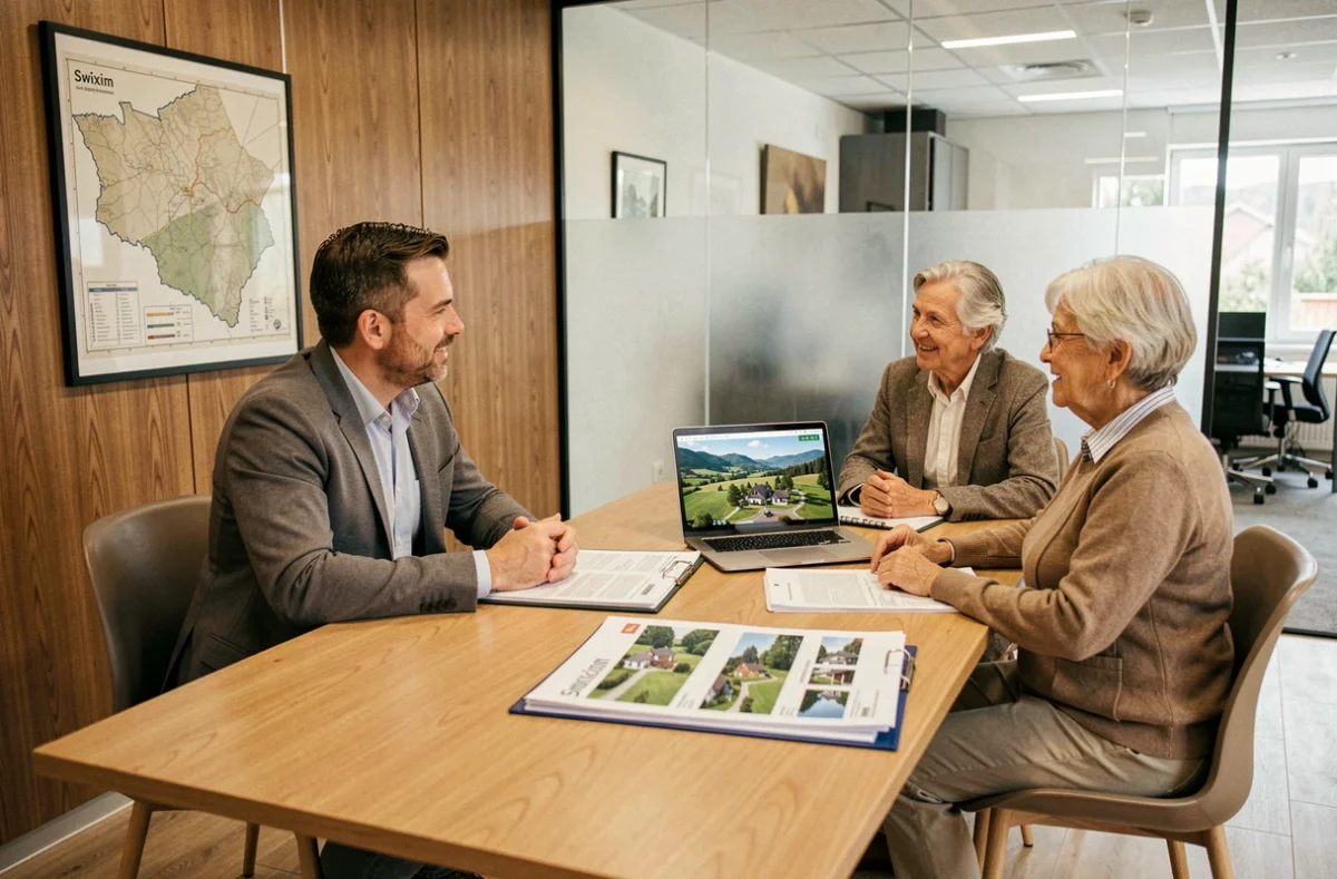 Agent Swixim à Dole en consultation avec un couple retraité autour de biens immobiliers du Jura