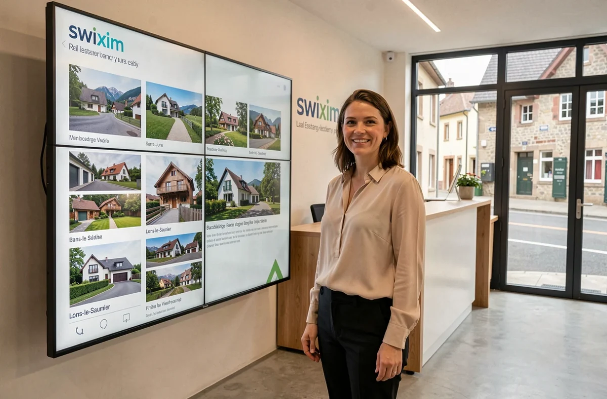Agente Swixim à Lons-le-Saunier présentant des biens immobiliers sur un écran tactile dans une agence moderne