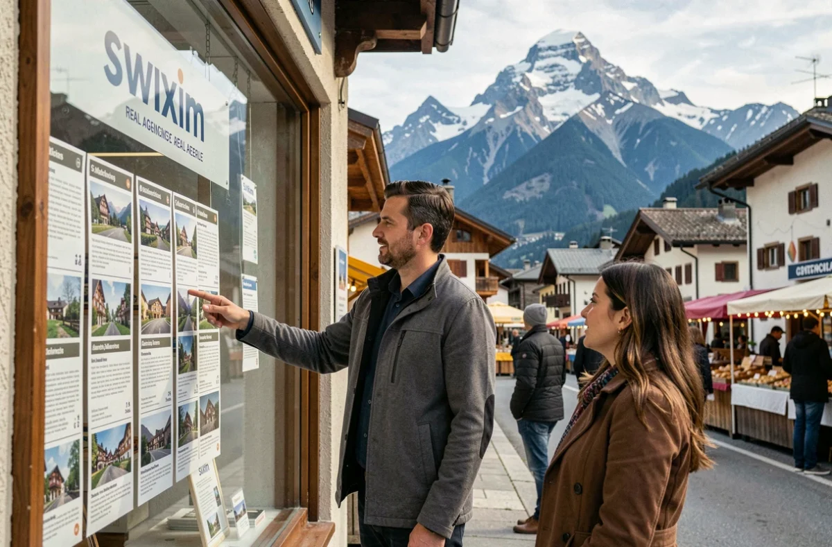 Agent Swixim présentant des biens à des clients devant l'agence de Sallanches avec le Mont-Blanc en arrière-plan