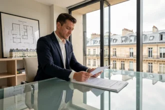 Gestionnaire de copropriété en Île-de-France travaillant dans un bureau moderne avec vue sur les toits parisiens