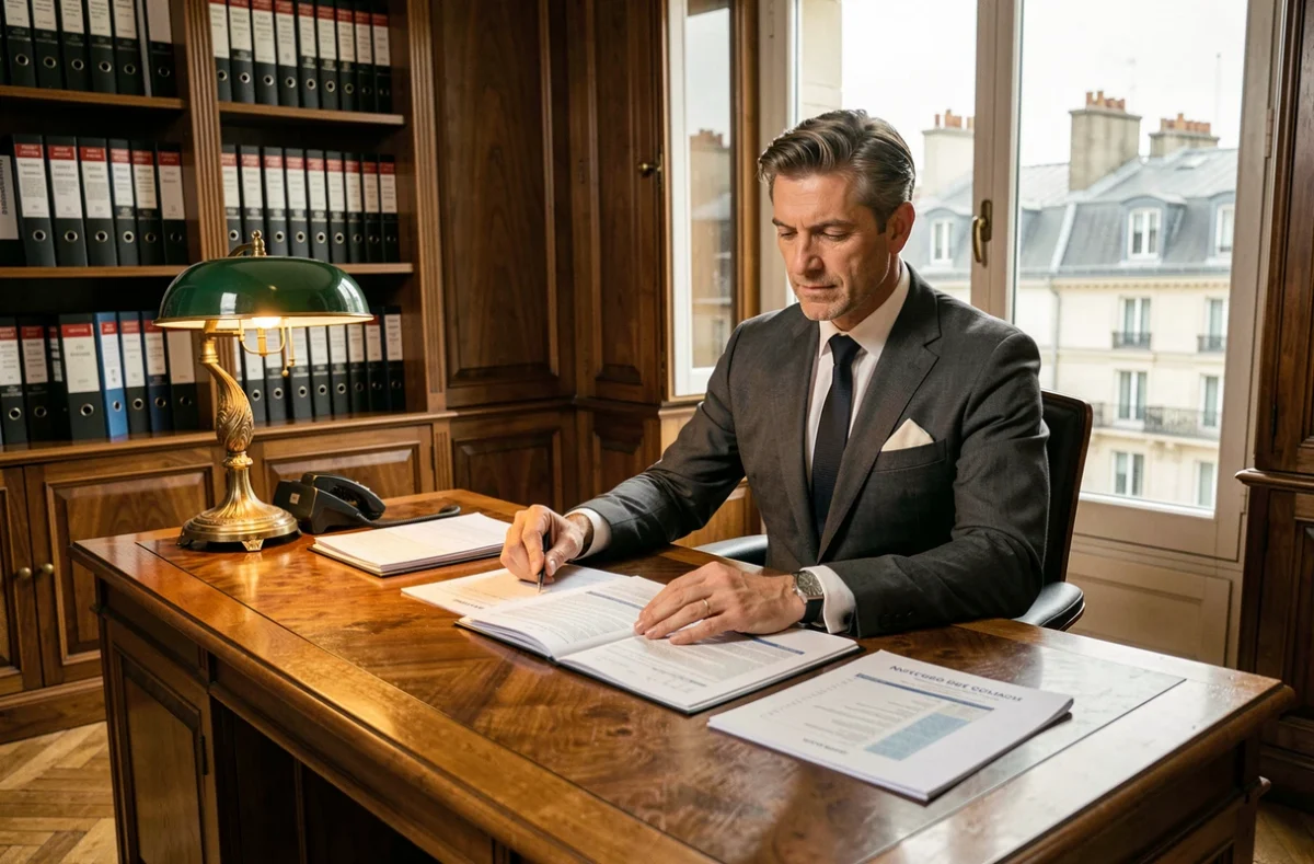 Gestionnaire du syndic Valiere Cortez dans un bureau parisien élégant avec vue sur les toits haussmanniens