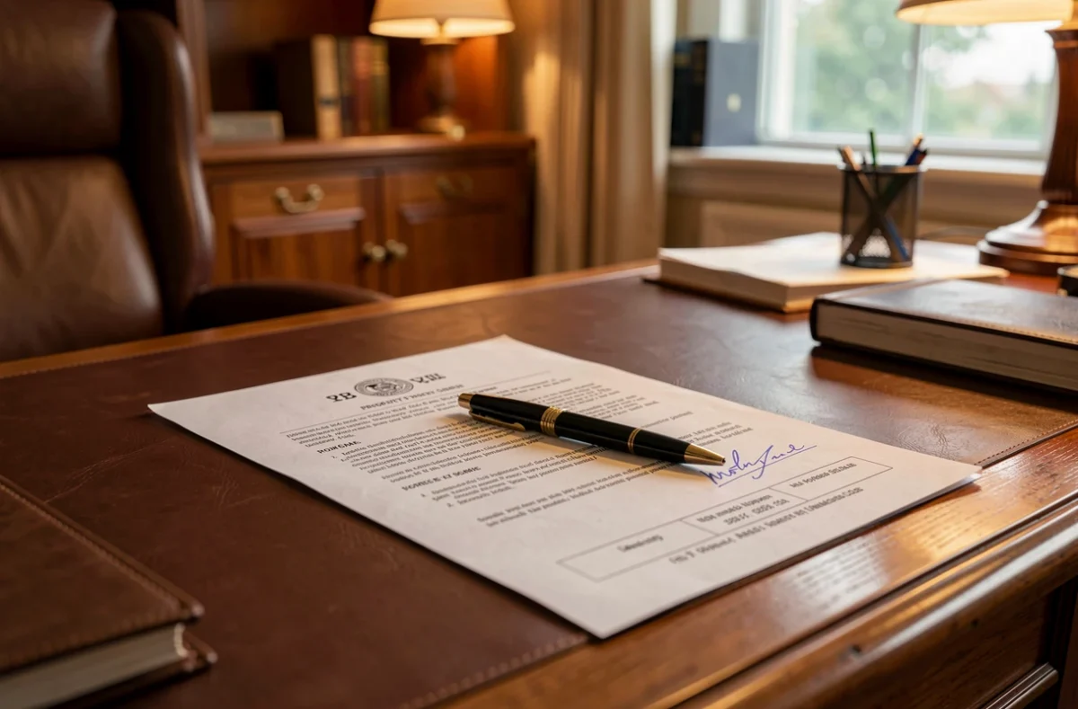 Bureau de notaire avec un contrat de vente et un stylo