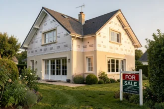 Maison rénovée avec panneau à vendre dans le jardin