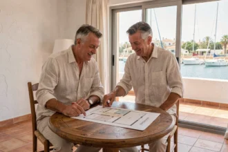 Couple examinant des documents immobiliers dans un appartement avec vue sur le canal d'Empuriabrava lors d'une vente entre particuliers