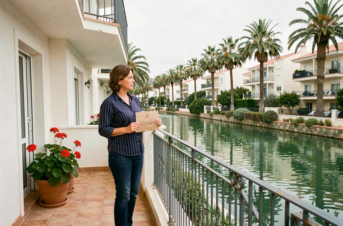 Femme tenant une pancarte à vendre sur le balcon d'un appartement en bord de canal à Empuriabrava
